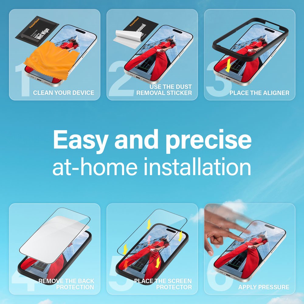 iPhone 15 / 16 PanzerGlass Ultra Wide Fit Screen Protector w. EasyAligner - Privacy - Diamond Strength - Transparent / Black Edge