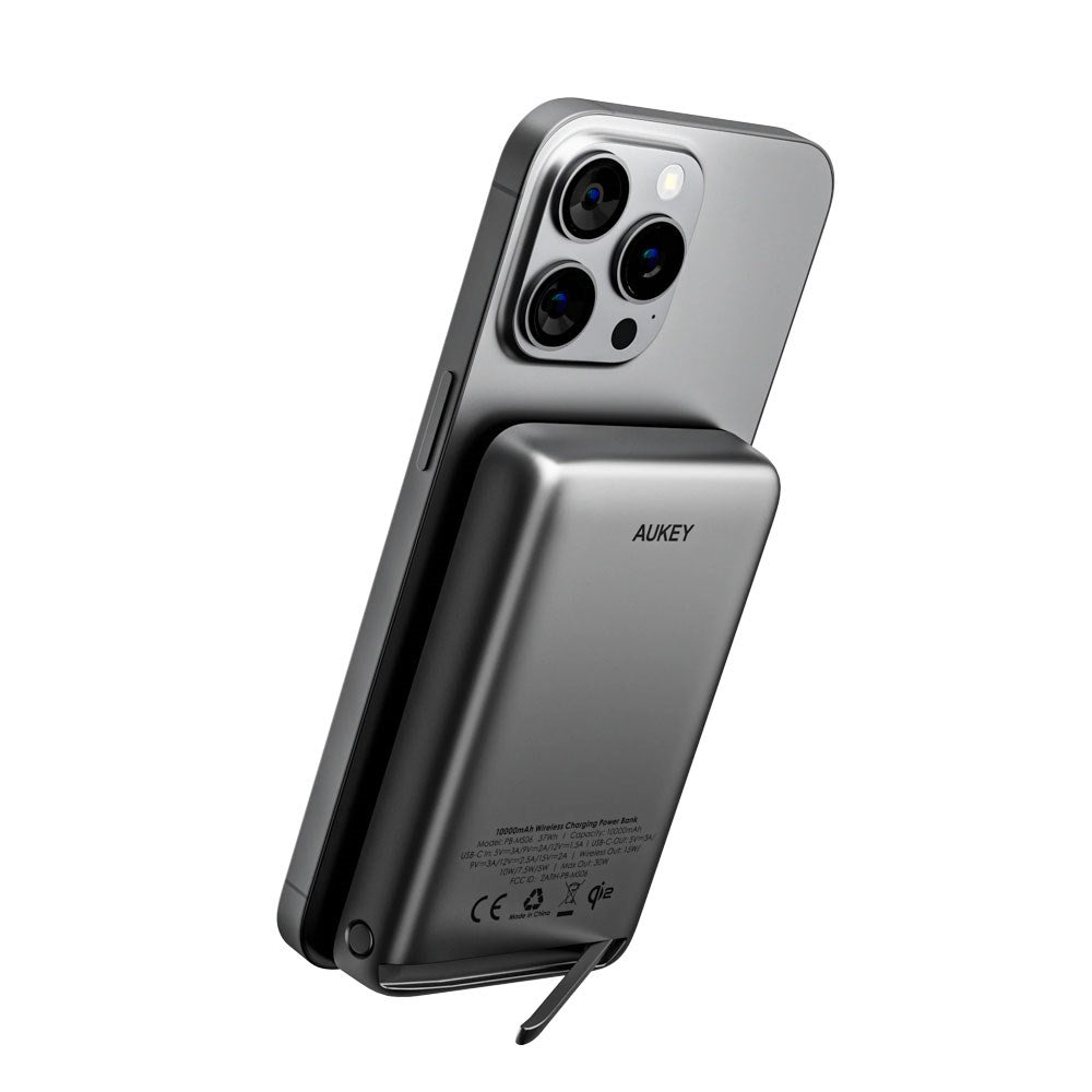 Aukey MagFusion 10,000mAh Powerbank with Wireless Charging & Stand Function - MagSafe / Qi2 Compatible - Grey