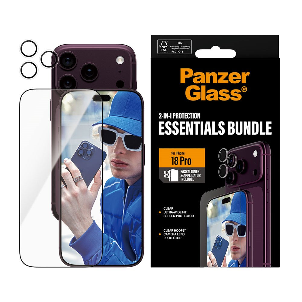 iPhone 18 Pro PanzerGlass Essentials 2-in-1 Bundle with EasyAligner / Screen Protection (UWF) / Hoops Camera Protection - Transparent