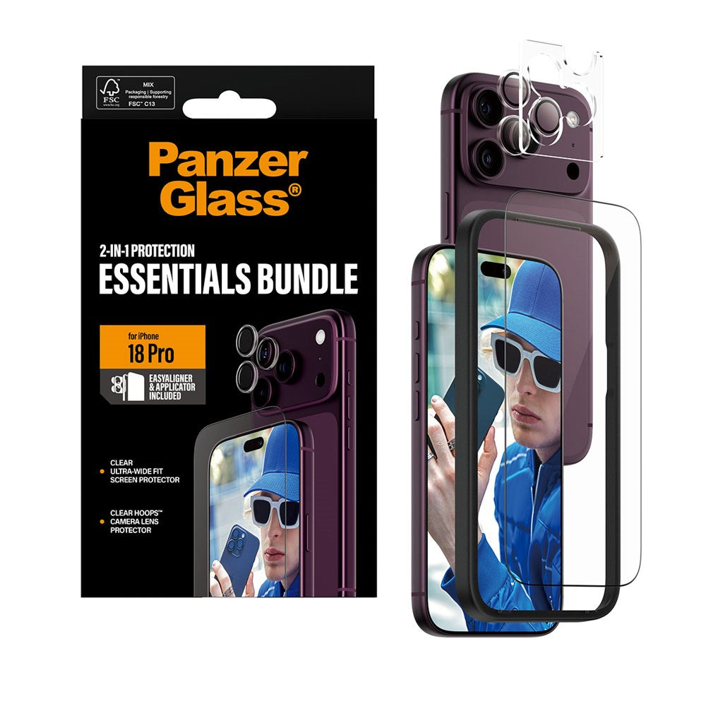 iPhone 18 Pro PanzerGlass Essentials 2-in-1 Bundle with EasyAligner / Screen Protection (UWF) / Hoops Camera Protection - Transparent