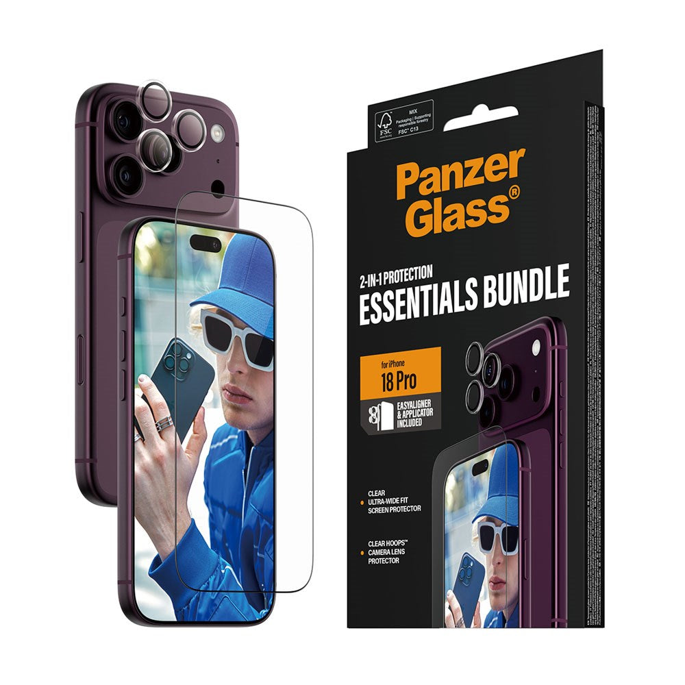iPhone 18 Pro PanzerGlass Essentials 2-in-1 Bundle with EasyAligner / Screen Protection (UWF) / Hoops Camera Protection - Transparent