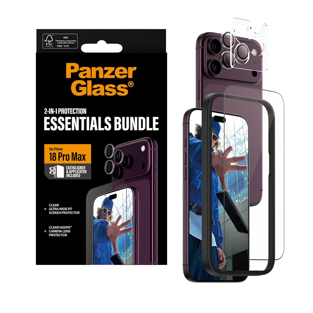 iPhone 18 Pro Max PanzerGlass Essentials 2-in-1 Bundle with EasyAligner / Screen Protection (UWF) / Hoops Camera Protection - Transparent