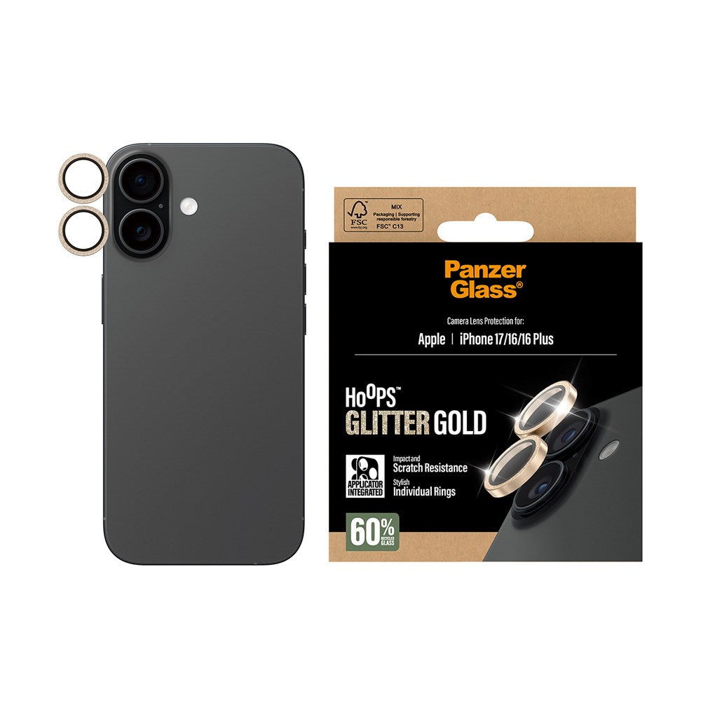PanzerGlass iPhone 17 / 16 / 16 Plus Hoops Camera Lens Protection with Installation Frame - Glitter Gold