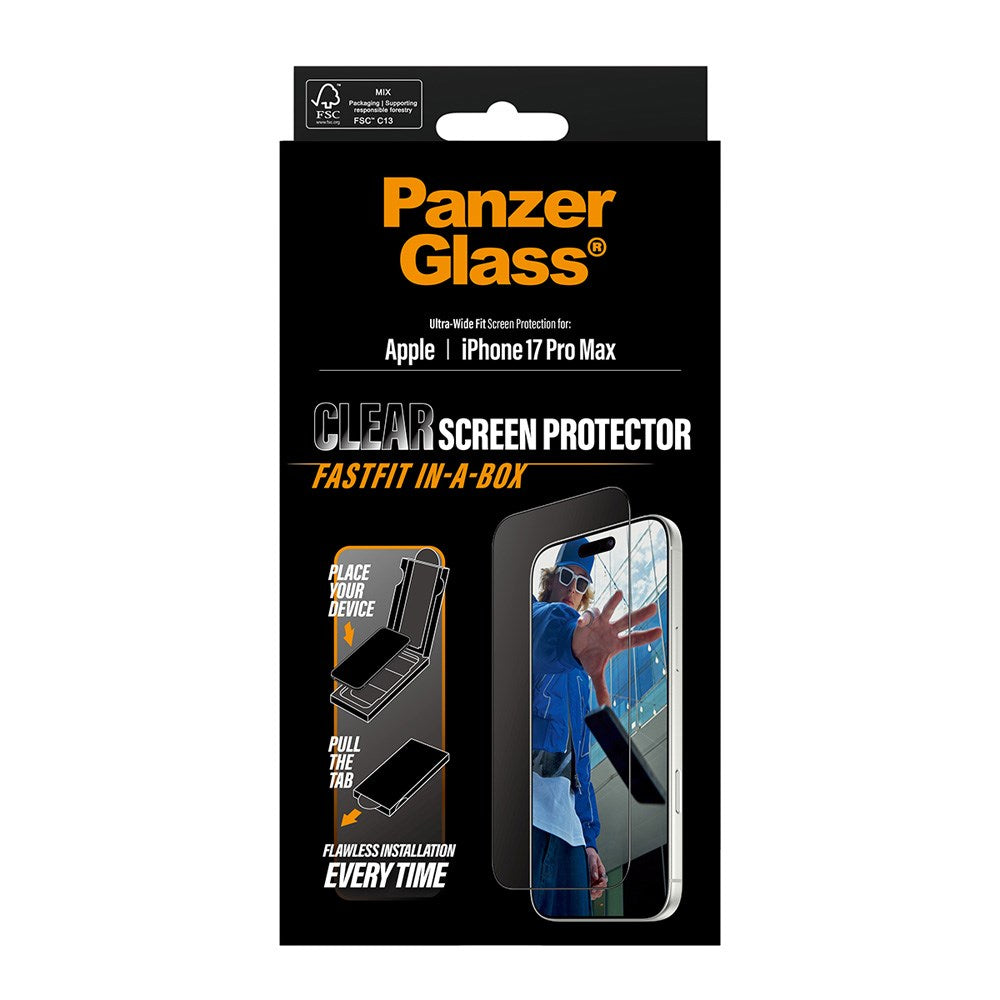 PanzerGlass iPhone 17 Pro Max Screen Protector Glass with FastFit In-A-Box - Ultra Wide Fit - Transparent