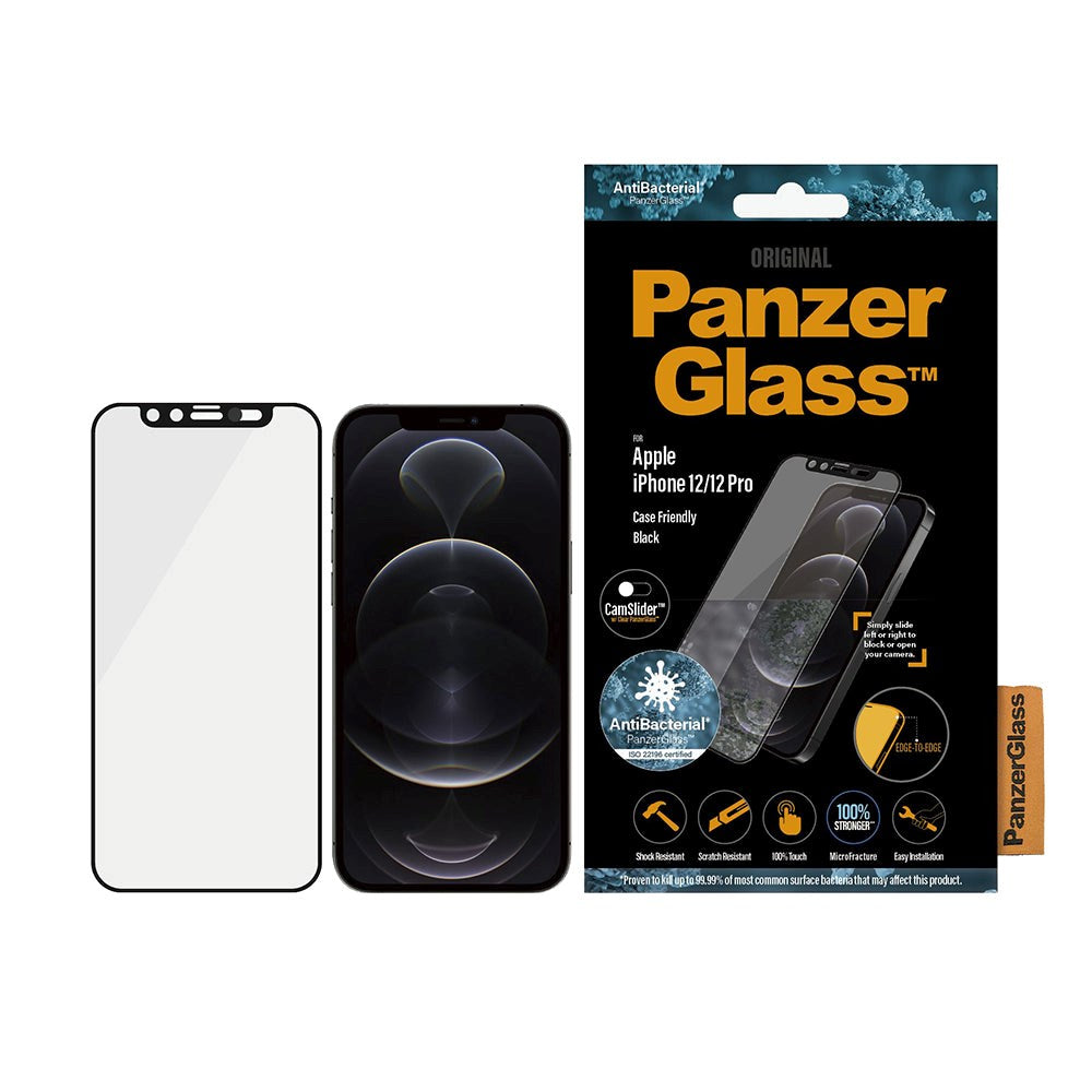 iPhone 12 / 12 Pro PanzerGlass Antibacterial Screen Protector - CamSlider - Case Friendly - Black Edge