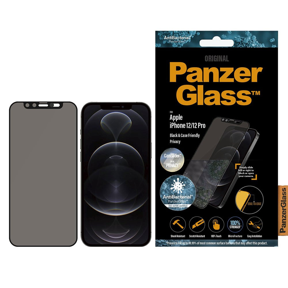 iPhone 12 / 12 Pro PanzerGlass Antibacterial Screen Protector - CamSlider - Privacy - Case Friendly - Black