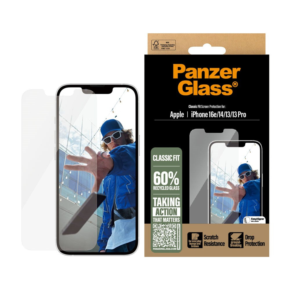 iPhone 16e / 14 / 13 / 13 Pro PanzerGlass Classic Fit Screen Protector w. EasyAligner - Transparent
