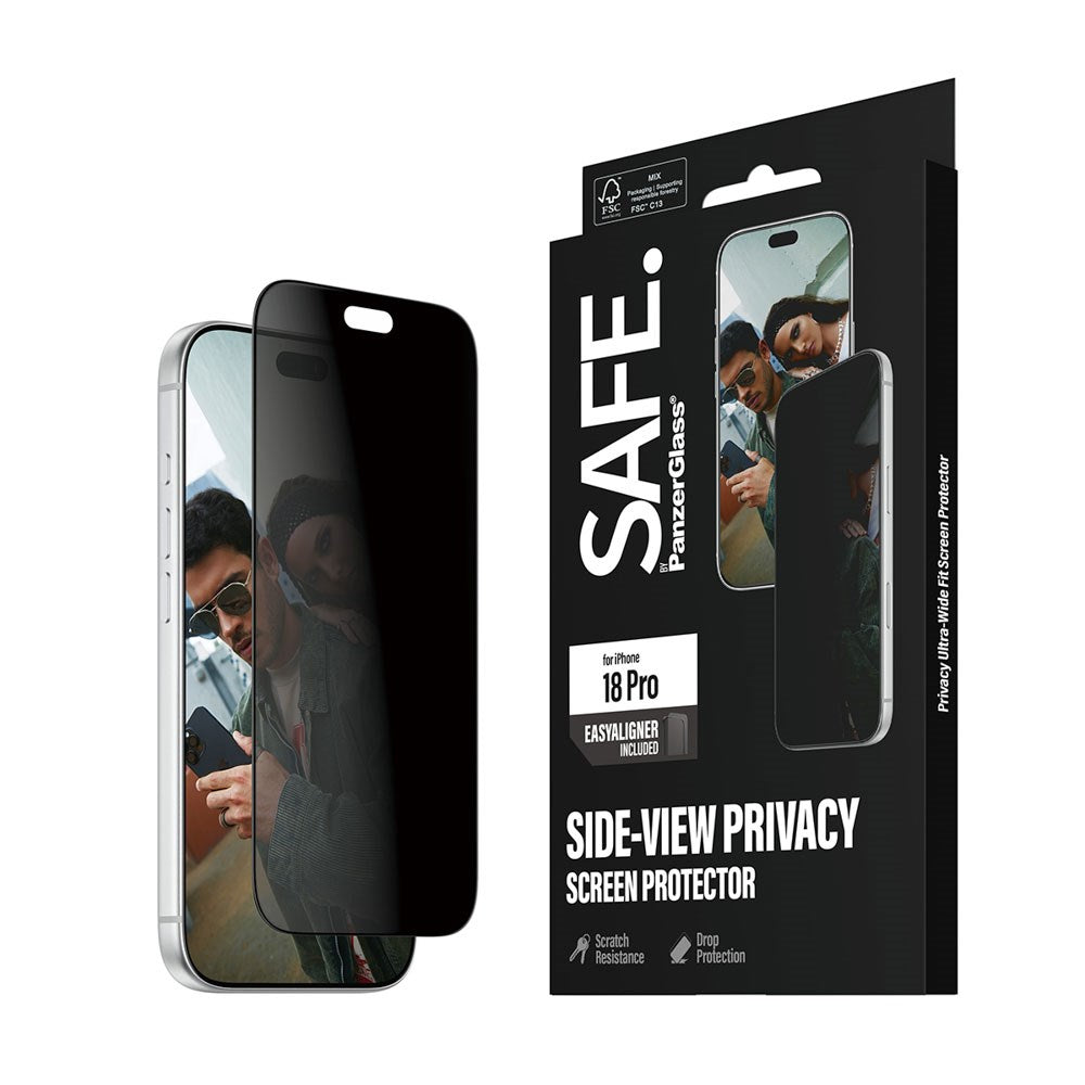 iPhone 18 Pro / 17 Pro SAFE by PanzerGlass Ultra-Wide Fit Screen Protector Glass with EasyAligner - Privacy - Transparent
