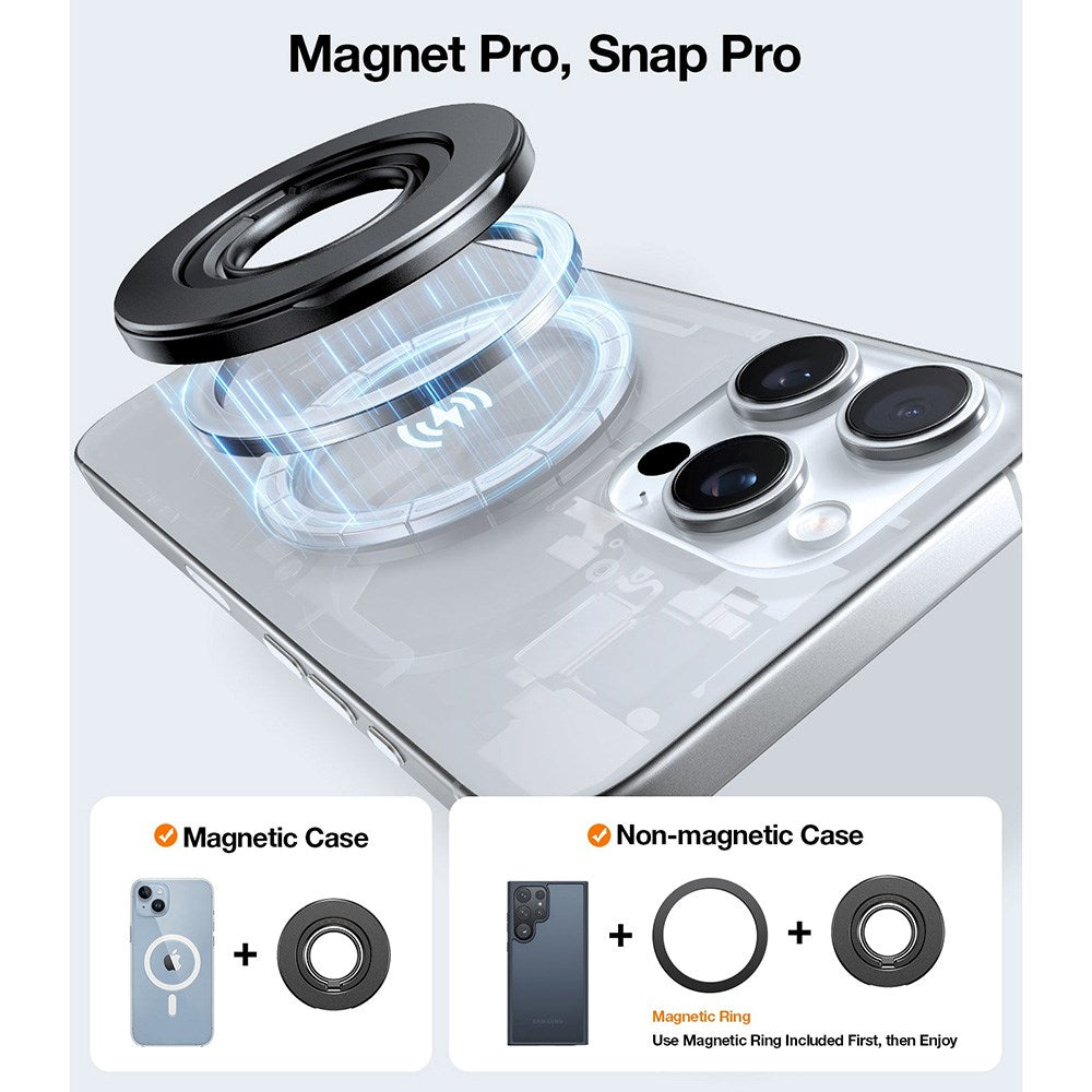 TORRAS MagSpin Magnetic Finger Ring with Built-in Kickstand - MagSafe Compatible - Dark Grey