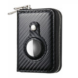 Leather Wallet with Built-in Holder for Apple AirTag - Black with Carbon Texture