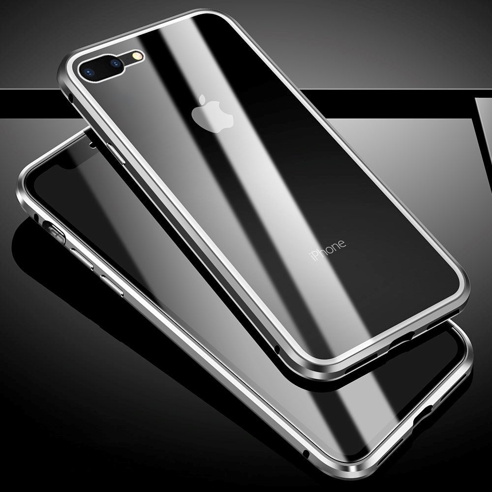 iPhone 8 Plus / 7 Plus 360 Degree Magnetic Case w. Glass front & back - Silver / Black