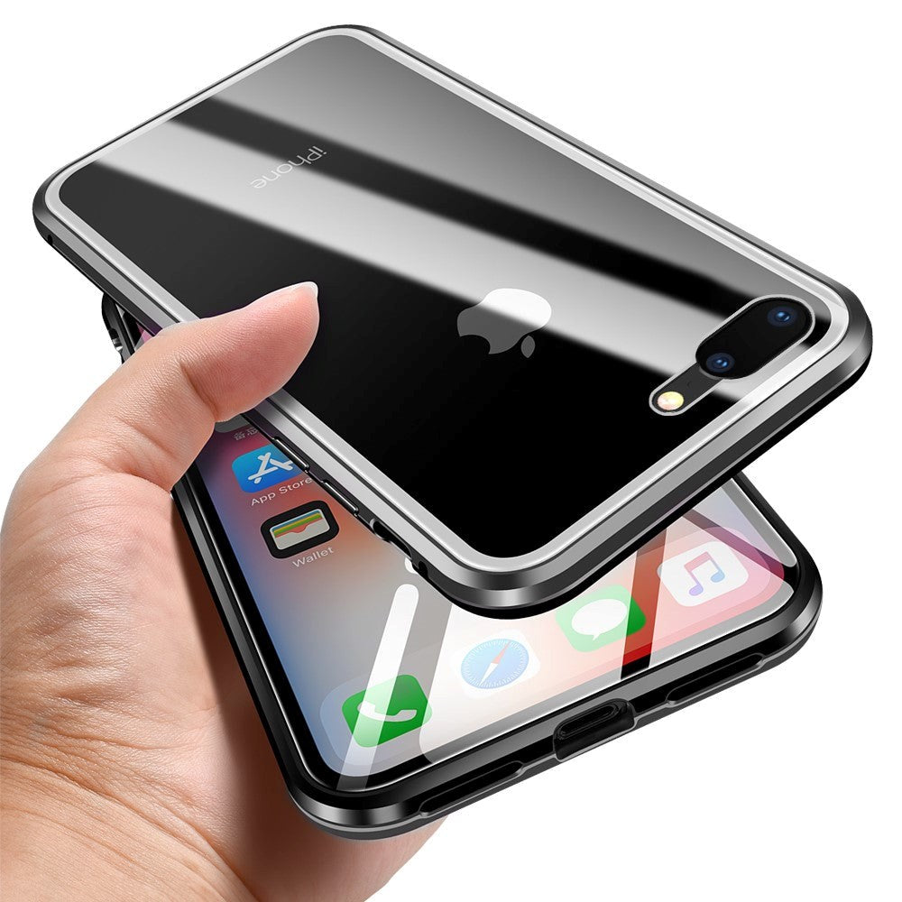 iPhone 8 Plus / 7 Plus 360 Degree Magnetic Case w. Glass front & back - Silver / Black