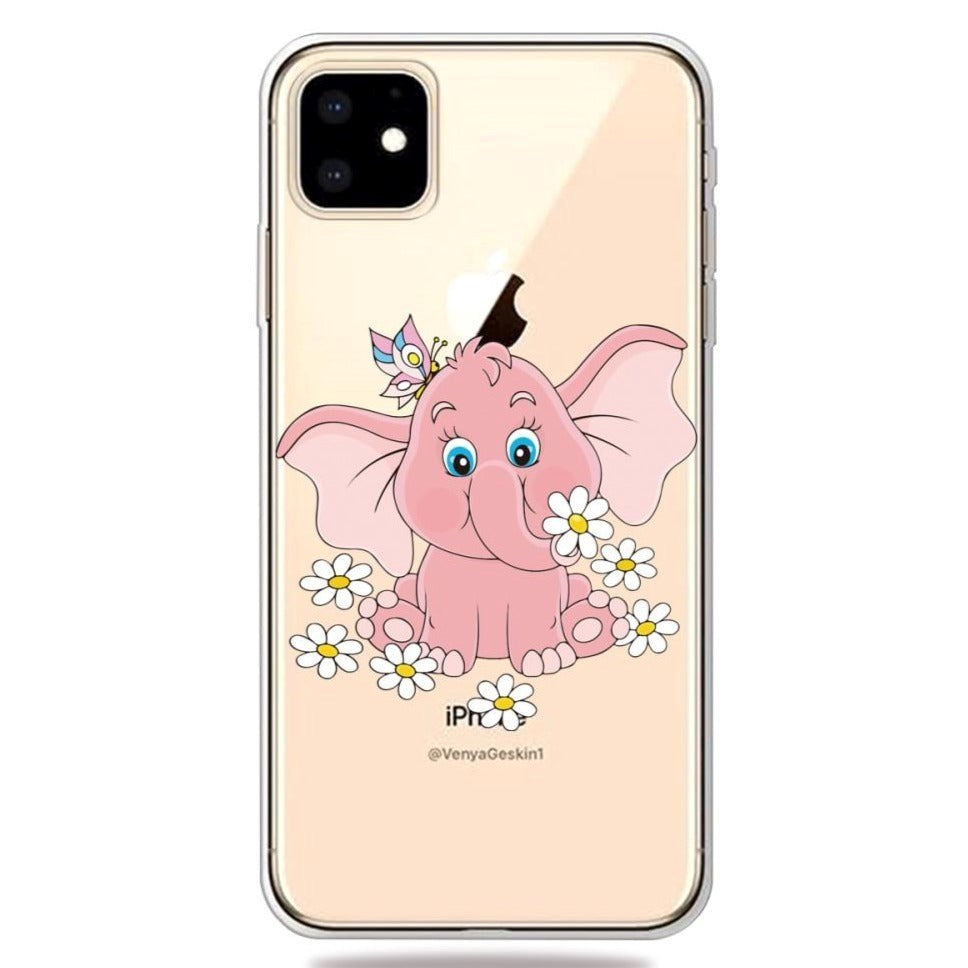 iPhone 11 Flexible Plastic Case w. Pink Elephant Print