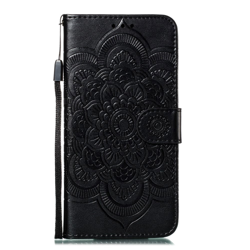 iPhone 11 Leather Wallet Case Sun Mandala Flower Pattern Imprint Black