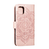 iPhone 11 Leather Wallet Case Sun Mandala Flower Pattern Imprint Rose Gold