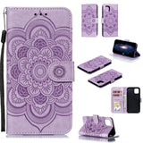 iPhone 11 Leather Wallet Case Sun Mandala Flower Pattern Imprint Purple