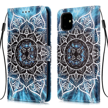 iPhone 11 Leather Wallet Case Mandala Flower Pattern - Blue