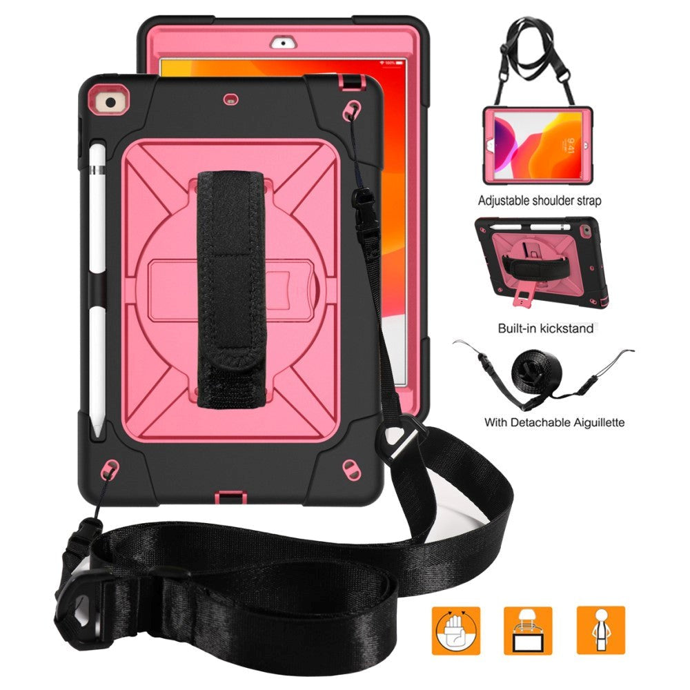 iPad 10.2" (2021 / 2020 / 2019) Tough Case w. Hand Holder & Shoulder Strap - Black / Pink