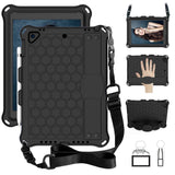 iPad (2018) / iPad (2017) / iPad Air / iPad Air 2 Kids Case w. Shoulder Strap & Pencil Holder - Beehive Pattern - Black