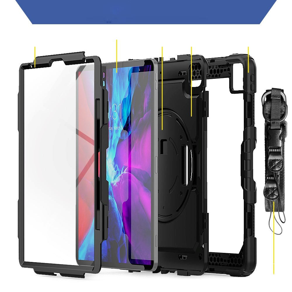 iPad Pro 12.9" (2022 / 2021 / 2020) / 2018) Tough Case w. Protective Film, Holder & Shoulder Strap - Black