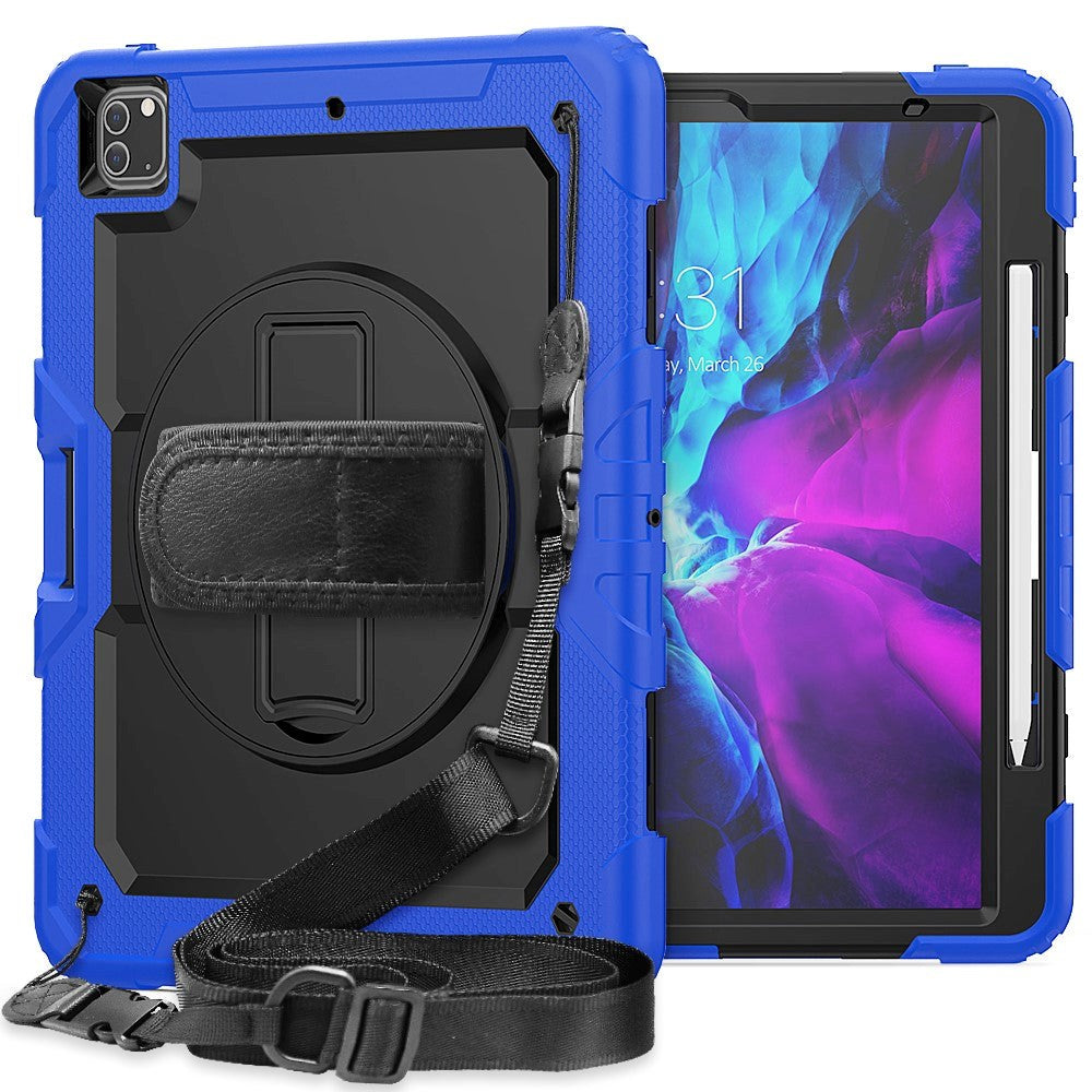 iPad Pro 12.9" (2022 / 2021 / 2020 / 2018) Tough Case w. Protective Film, Holder & Shoulder Strap - Black / Blue