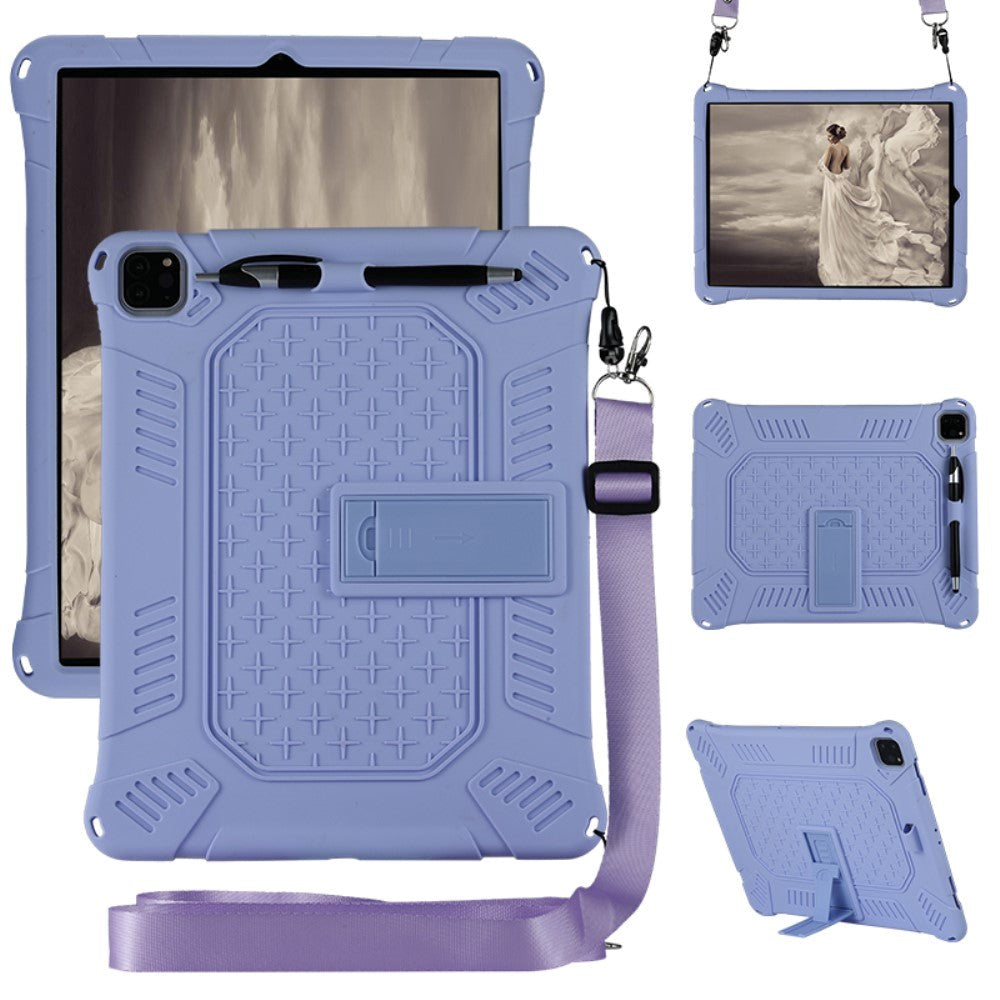 iPad Pro 12.9" (2022 / 2021 / 2020 / 2018) Rubber Tough Case w. Stand, Penholder & Shoulder Strap - Purple