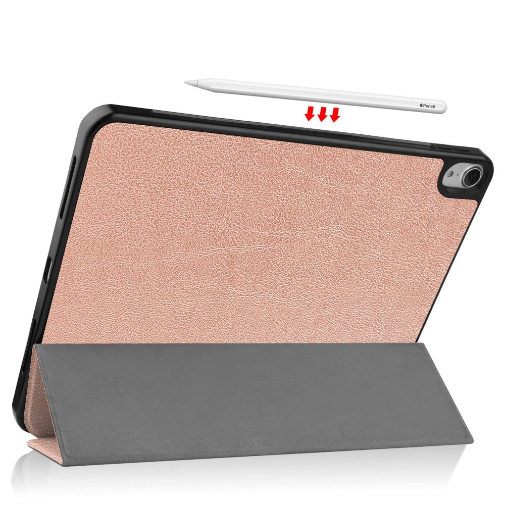 iPad Air 10.9-11" (2024-2020) Litchi Tri-Fold Leather Case w. Apple Pencil Holder - Rose Gold