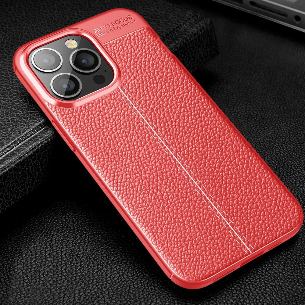 iPhone 13 Pro Flexible Plastic Case Litchi Texture - Red