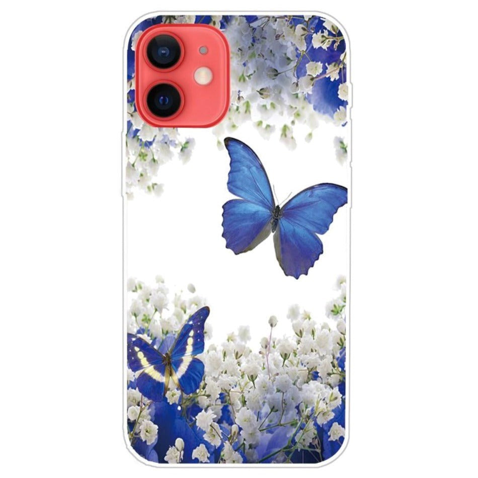 iPhone 13 Mini Flexible Transparent Plastic Case - Transparent / Blue Butterflies