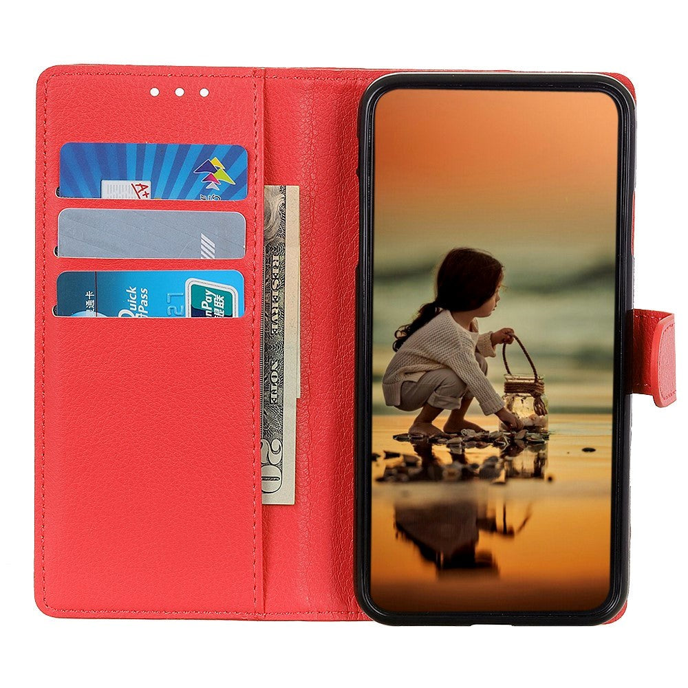 iPhone 13 Mini Litchi Leather Case with Wallet & Stand Function - Red