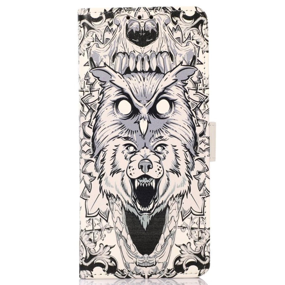 iPhone 13 Pro Leather Wallet Case - Abstract Owl and Wolf