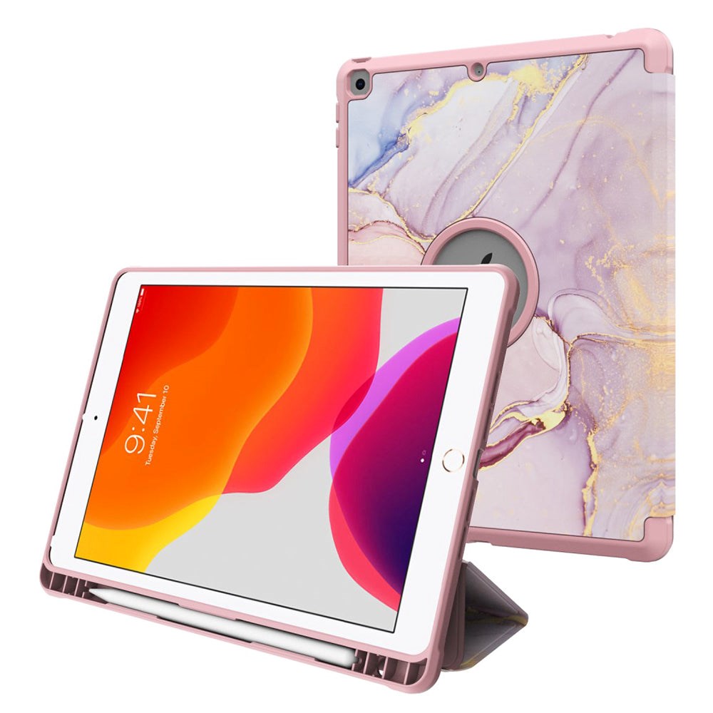 iPad 10.2" (2021 / 2020 / 2019) Tri-Fold Leather Case w. Pencil Holder - Pink Marble