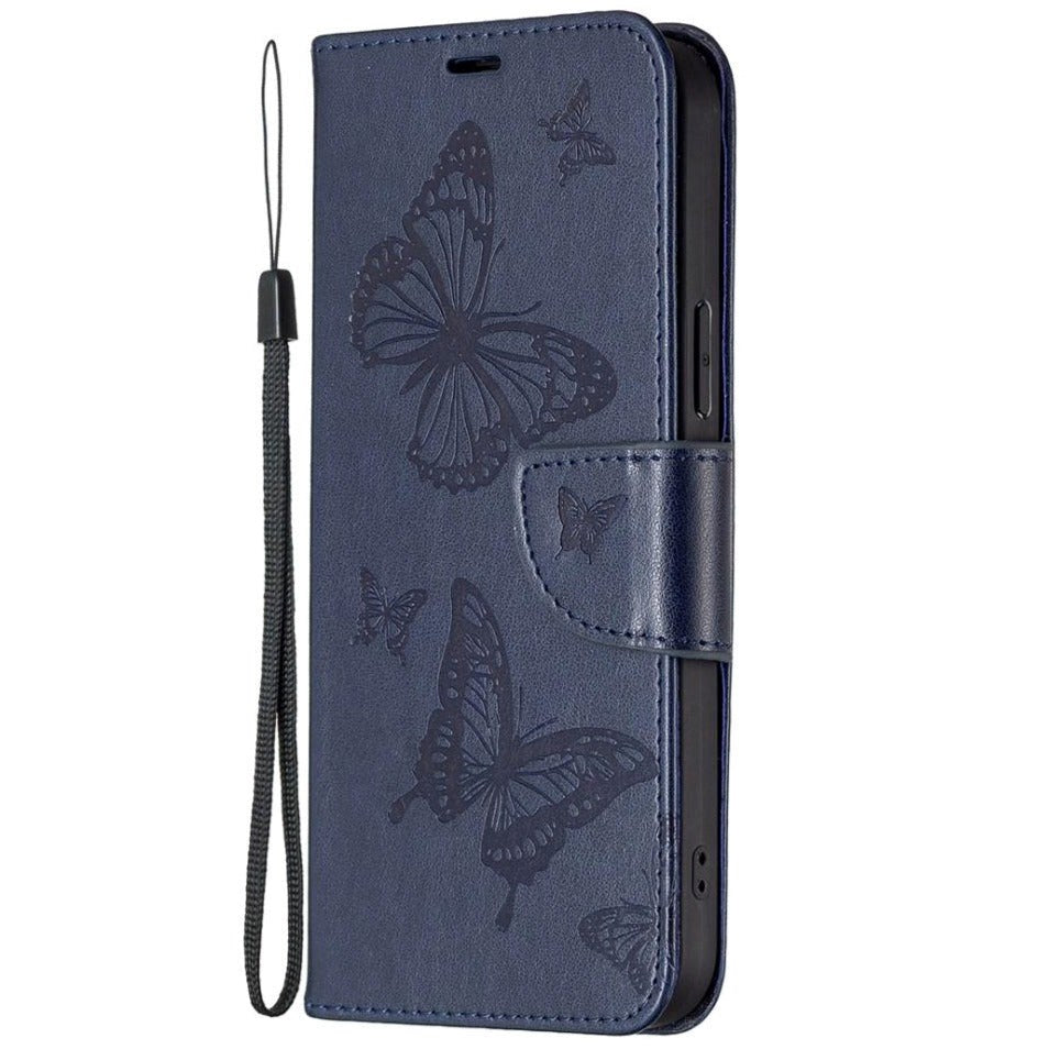 iPhone 13 Pro Leather Wallet Case Butterfly - Dark Blue