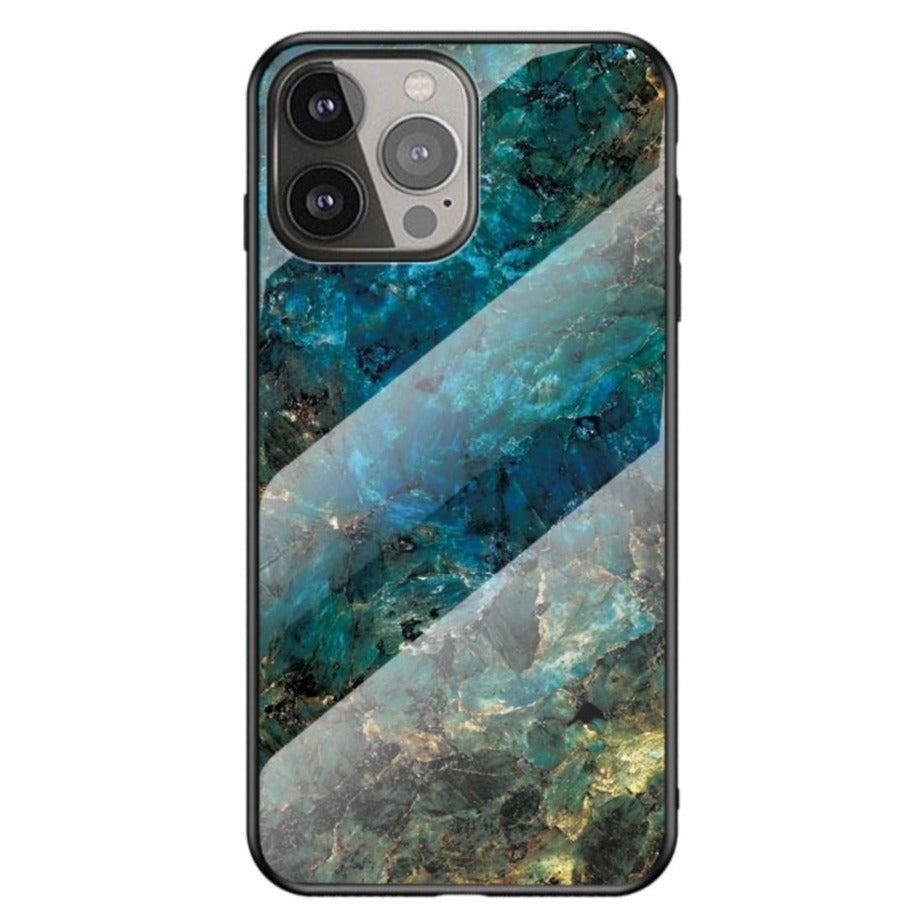 iPhone 13 Pro Max Flexible Plastic Case w. Glass back - Blue / Green Marble