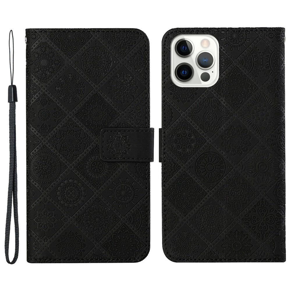 iPhone 13 Pro Leather Flip Case w. Floral Pattern & Strap - Black