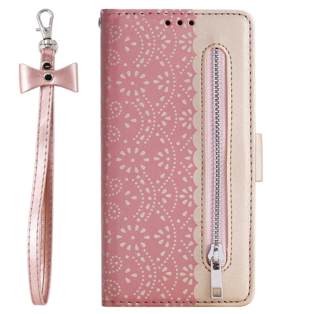 iPhone 13 Mini Leather Wallet Case - Lace Print - Pink & Gold