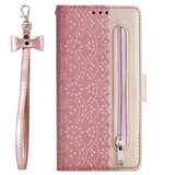 iPhone 13 Mini Leather Wallet Case - Lace Print - Pink & Gold