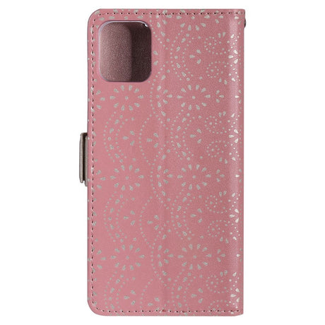 iPhone 13 Mini Leather Wallet Case - Lace Print - Pink & Gold