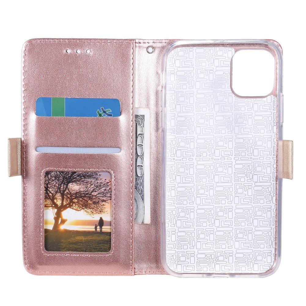 iPhone 13 Mini Leather Wallet Case - Lace Print - Pink & Gold