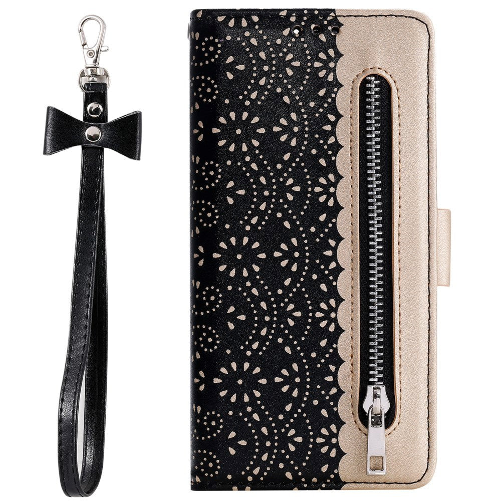 iPhone 13 Pro Leather Wallet Case - Lace Print - Black & Gold