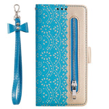 iPhone 13 Pro Leather Wallet Case - Blonde Print - Blue & Gold