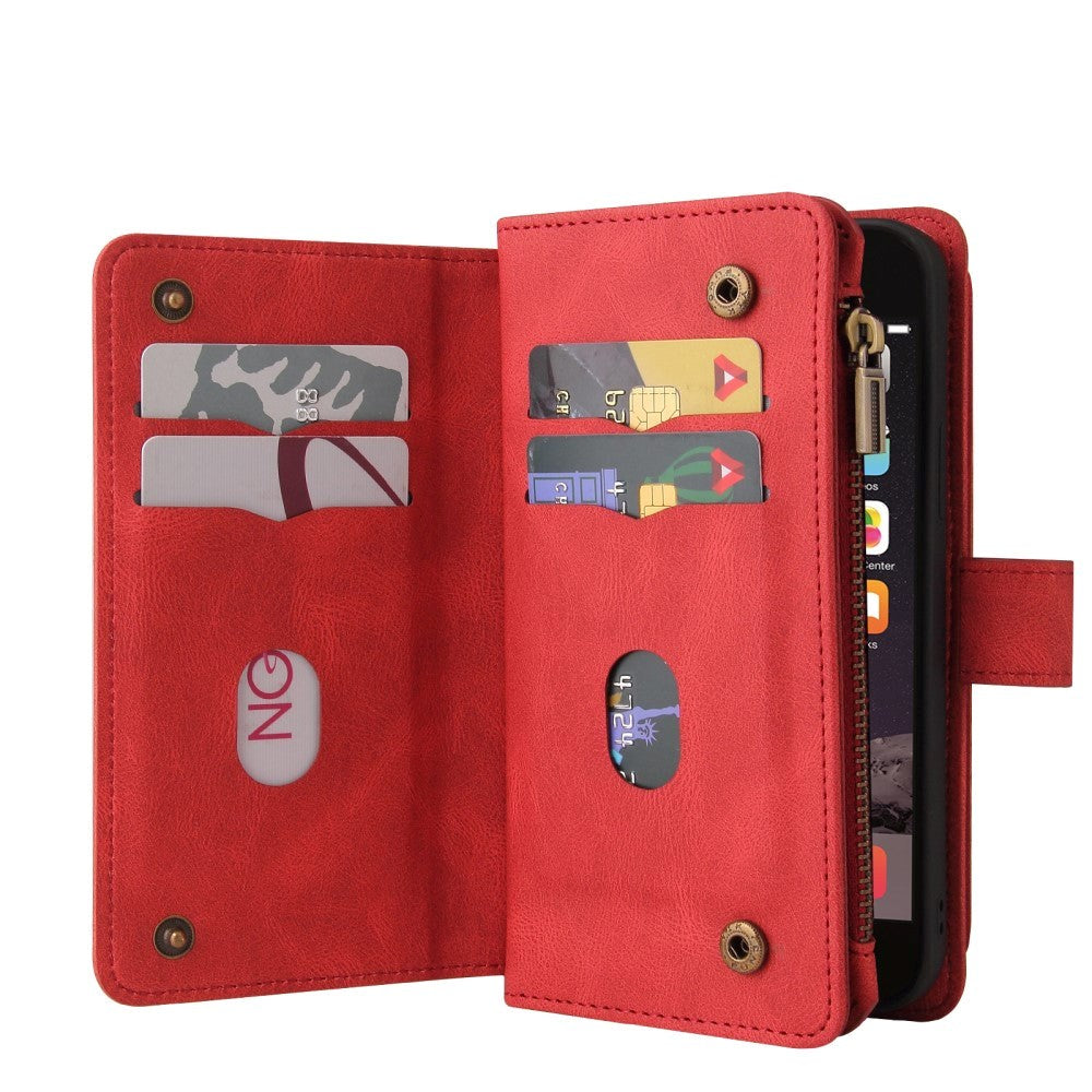 iPhone SE (2022/2020)/8/7 Leather Flip Case w. Strap, Wallet & 15 Card Holders - Red