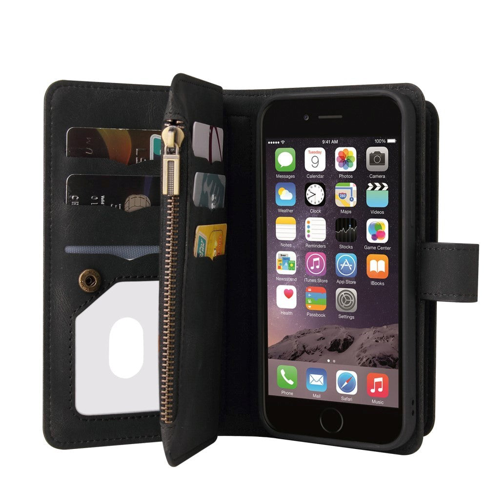 iPhone SE (2022/2020)/8/7 Leather Flip Case with Strap, Wallet & 15 Card Holders - Black