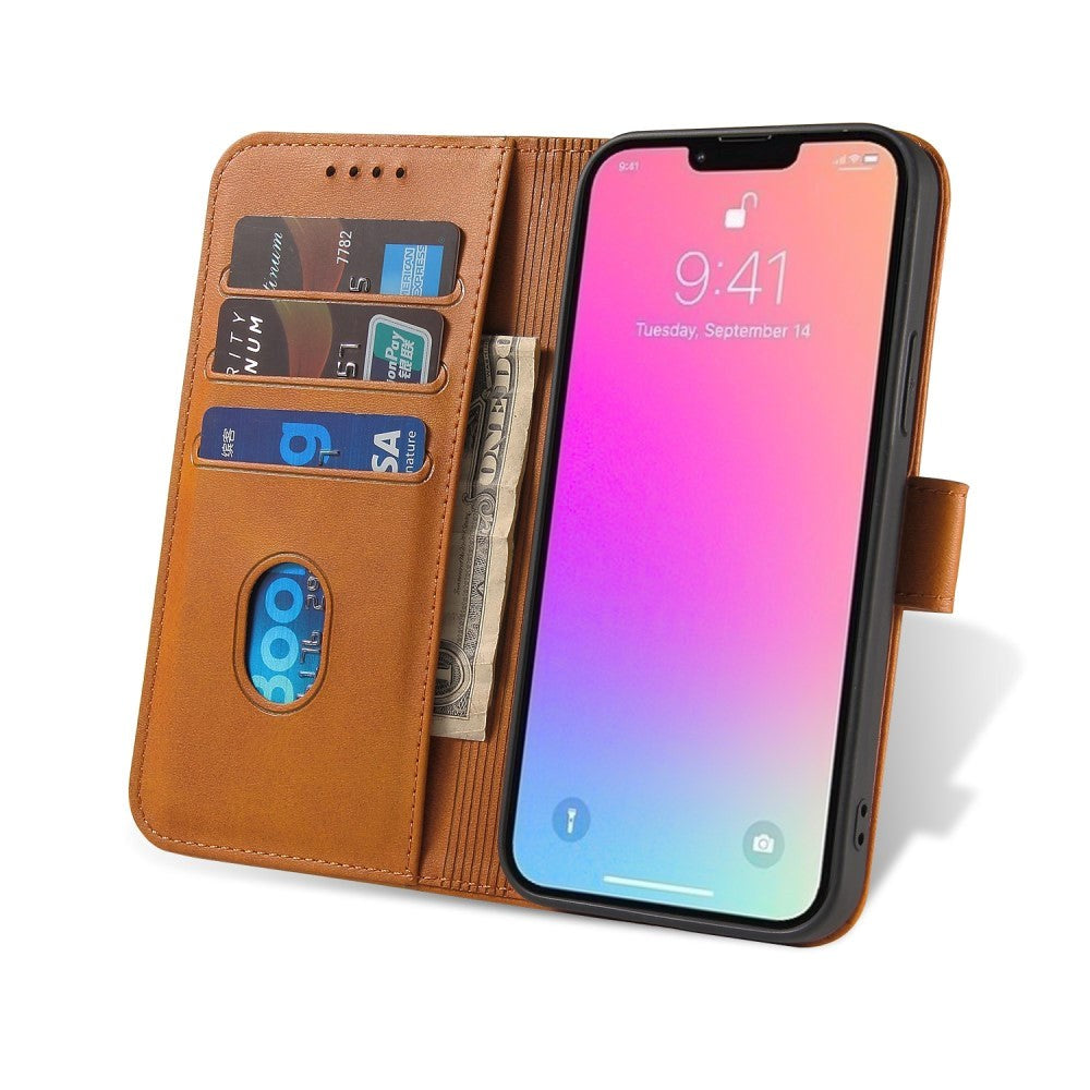 iPhone 13 Leather Wallet Case & Magnetic Lock - Light Brown