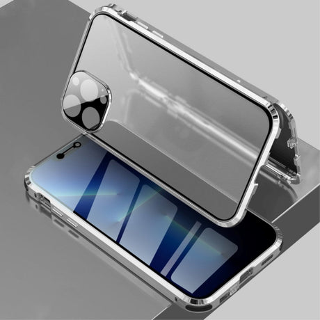 iPhone 13 Pro Max Magnetic Case w. Privacy, Glass Back and Front - Silver