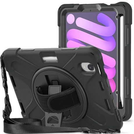 iPad Mini (2021) Tough Case w. 360⁰ Stand Function - Hand holder - Bearing Strap - Black