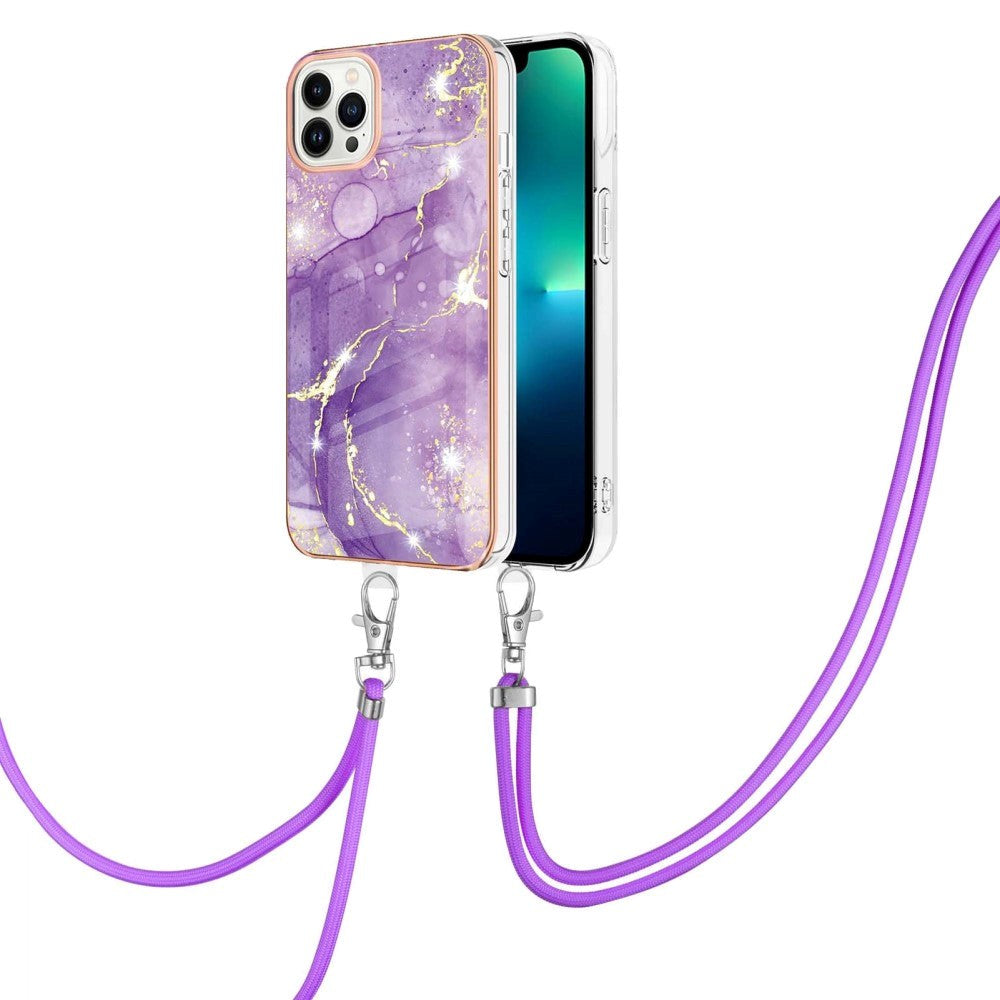 iPhone 13 Pro Max Marble Hybrid Case w. Adjustable Strap - Rose Purple