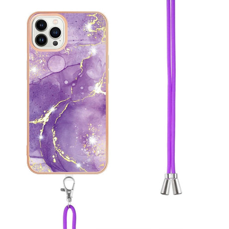 iPhone 13 Pro Max Marble Hybrid Case w. Adjustable Strap - Rose Purple