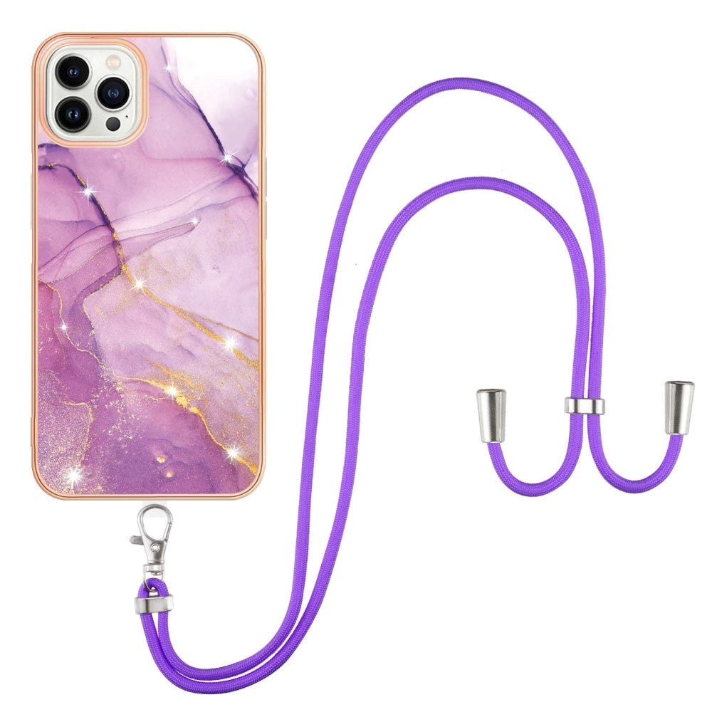 iPhone 13 Pro Marble Hybrid Case w. Adjustable Strap - Purple