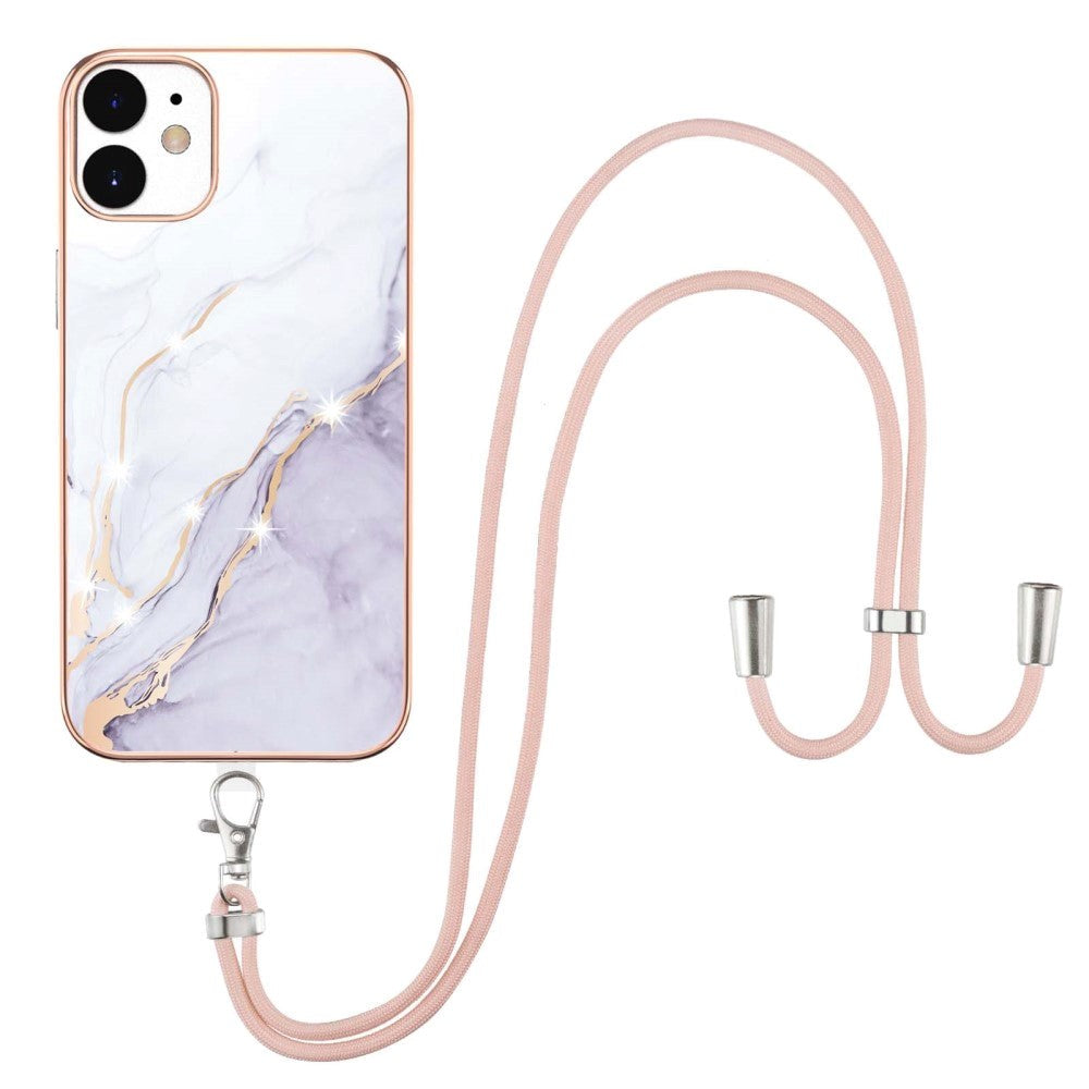 iPhone 12 / 12 Pro Marble Hybrid Case w. Adjustable Strap - White